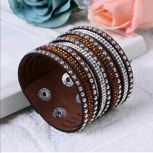 Brown Faux Suede Wide Multi strand Rhinestone Studded Goth Glam style Bracelets